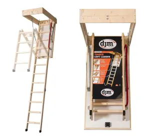 DJM Deluxe 3-Section Wooden Timber Loft Ladder with Insulated Hatch 115 x 57cm