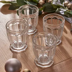 Set of 4 Vintage Luxury Clear Embossed Short Drinking Glass Whiskey Glass Tumblers 340ml