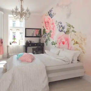 Origin Murals Pink Roses & Blue Flowers Matt Smooth Paste the Wall Mural 350cm wide x 280cm high