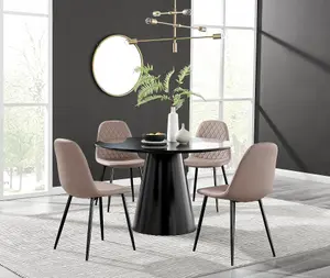 Furniturebox UK Palma Black Semi Gloss Round Pedestal Dining Table & 4 Cappuccino Faux Leather Corona Black Leg Chairs