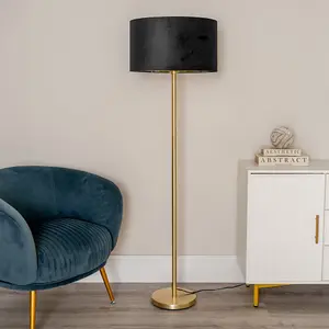 ValueLights Charles Gold Stem Floor Lamp with Black Velvet with Gold Inner Lamp Shade and LED Bulb