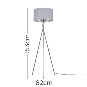 ValueLights Camden Polished Chrome Metal Tripod Floor Lamp with Grey & Chrome Cylinder Shade - Includes 6w LED Bulb 3000K