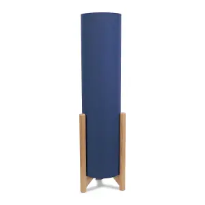 ValueLights Henry Wooden Oak Effect Midi Floor Lamp with Navy Blue Cylinder Shade