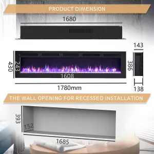 FlameKo Wilton 70"/178cm Electric Fireplace, Wall Mounted, Recessed, Media Wall, Heater, Remote Control