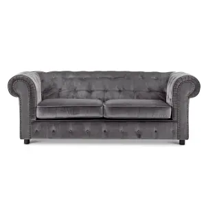 Ashbourne Chesterfield Large Grey Velvet Fabric 3 Seater Sofa Studded Design