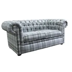 Chesterfield Handmade Tartan 2 Seater Sofa Balmoral Dove Grey Fabric In Classic Style