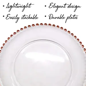 Neel Blue Charger Plates for Table Decoration - Clear with Rose Gold Beads