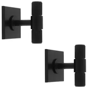 2 PACK - Reeded T Bar Cabinet Door Knob & Matching Backplate Lined Matt Black 40 x 40mm