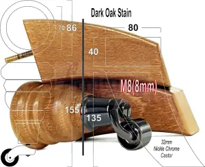 2x DARK OAK STAIN 155mm HIGH WOOD FURNITURE LEGS WITH BLACK CHROME CASTOR & 2 CURVED BACK FEET SETTEE CHAIRS, SOFAS M8 TSP2007