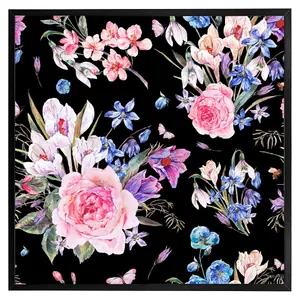 Bright pink flowers on black (Picutre Frame) / 20x20" / Oak