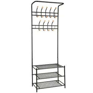 Wardrobe - shoe rack with 3 shelves, 18 hooks  - black