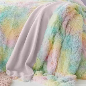 Catherine Lansfield Cuddly Rainbow Deep Pile Faux Fur 130x170cm Blanket Throw Pastel