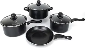 New 7pc Black Cookware Set Steel Non Stick Glass Lid Kitchen Pan Pot Saucepan Carbon