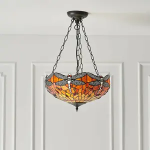 Tiffany Glass Hanging Ceiling Pendant Light Orange Dragonfly 3 Lamp Shade i00111