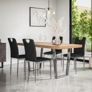 Aria Dining Table And Chairs - Oak Effect Table Top w Chrome Legs + 4 Monza Faux Leather Dining Chairs w Chrome Legs (Black)