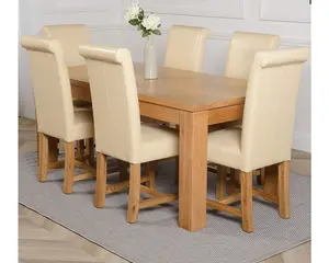 Dakota 182 x 92 cm Chunky Oak Large Dining Table and 6 Chairs Dining Set with Washington Ivory Leather Chairs