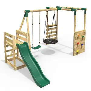 Rebo Wooden Children's Swing Set with Monkey Bars plus Deck & 6ft Slide - Double Swing - Satellite Green