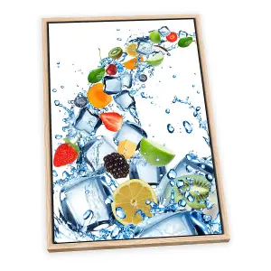 Fruit Water Splash Ice Cubes Kitchen CANVAS FLOATER FRAME Wall Art Print Picture Light Oak Frame (H)61cm x (W)41cm