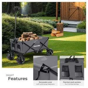 Garden Trolley - foldable with wide wheels, 2 pockets, transport bad, 80 kg capacity - grey