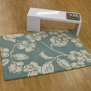 Blue Floral Wool Handmade Modern Easy to Clean Bedroom Dining Room And Living Room Rug -200cm X 300cm