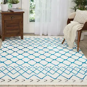 White Blue Shaggy Modern Moroccan Geometric Rug Easy to clean Living Room Bedroom and Dining Room-160cm X 221cm