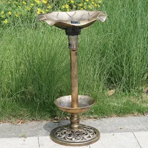 Bronze Effect Plastic Pedestal Bird Bath Garden Feeder Planter With Solar Light