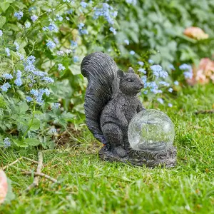 Solar Powered LED Squirrel Garden Ornament - Hand Painted Polyresin Sculpture with Light Up Crackle Ball - H18.5 x W19.5 x D9cm