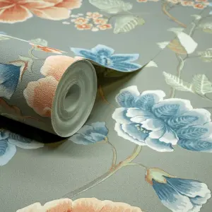 Grandeco Celica Camellia Bloom Floral Trail Textured Wallpaper, Green