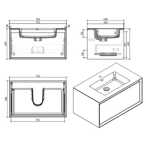 Matterhorn Dark Oak Wall Hung Bathroom Vanity Unit with Black Basin (W)750mm (H)450mm