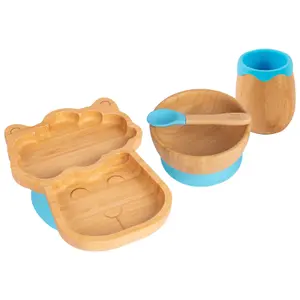 Tiny Dining - Llama Bamboo Suction Baby Feeding Set - Blue - 4pc