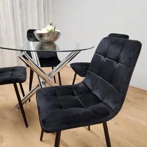 Round Chrome Metal and Clear Glass Dining Table and 4 Black Tufted Velvet Chairs Kitchen Dining Set