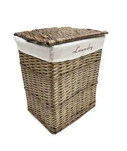 Wicker Rectangle Laundry basket With Cotton Lining + Lid Oak Brown Medium 40x29x48 cm,