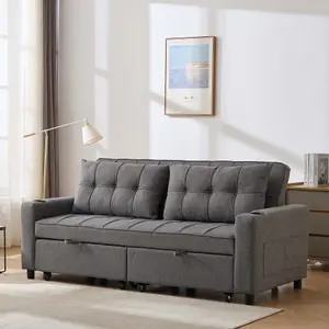 Hudson 3-Seater Sofa Bed Linen Fabric With Cup Holders Grey