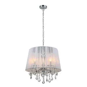 Luminosa Hanging Pendant Chrome, White 5 Light  with White Cloth Shade, E14