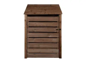 Slatted wooden log store with door and kindling shelf W-119cm, H-180cm, D-88cm - brown finish