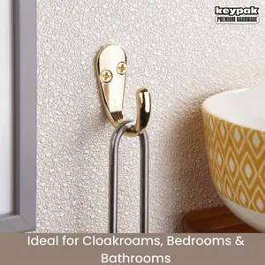 2X Single Robe Coat Hooks with Screws, Polished Brass, Door & Wall Mountable (Pack of 2)