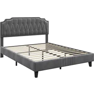 Yaheetech Dark Grey 4ft6 Double Upholstered Bed Frame with Button-Tufted Adjustable Headboard and Wooden Slat Support