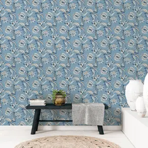 Galerie Into The Wild Metallic Blue Abstract Floral Wallpaper Roll