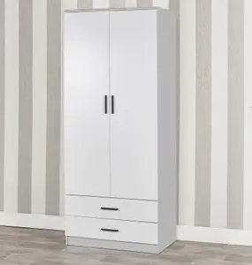 URBNLIVING 180cm Tall Wooden 2 Door Wardrobe Grey Carcass and White Drawers With 2 Drawers Bedroom Storage Hanging Bar Clothes