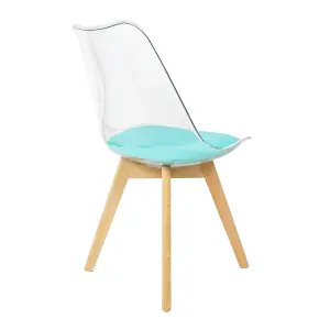 Soho Clear and Aqua Plastic Dining Chair with Squared Light Wood Legs