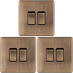 3 PACK 2 Gang Double Light Switch SCREWLESS ANTIQUE BRASS 2 Way 10A Slim Rocker