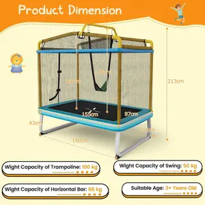 Costway 3-in-1 Kids Trampoline 6FT Rectangle Toddler Trampoline w/ Swing Horizontal Bar