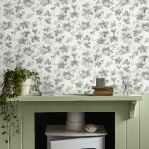 Laura Ashley Autumn Sage Green Leaves Smooth Wallpaper