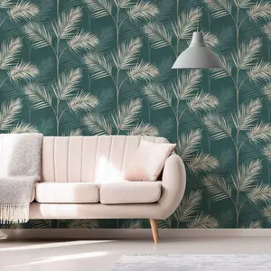 South Beach Palm Leaf Wallpaper Emerald Green Fine Decor FD42679