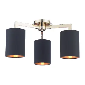 Olive 3 Light Gold & Black Semi-Flush Ceiling Light