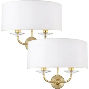 2 PACK Dimmable Twin Wall Light Brass Glass White Fabric Shade Curved Arm Lamp