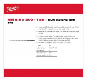 Milwaukee - Multi Material Drill Bit 6.5mm x 200mm - 1 Piece