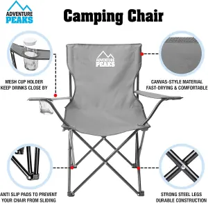 Set of 2 GREY Folding Camping Chair With Armrest, Drink Holder & Carry Bag