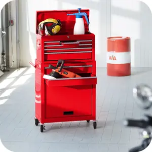 Tool Box - with wheels, 8 drawers, folding compartment, carry box attachment - red