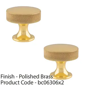 2 PACK - Knurled Flared Stem Cabinet Door Knob - 38mm Polished Brass Cupboard Pull Handle